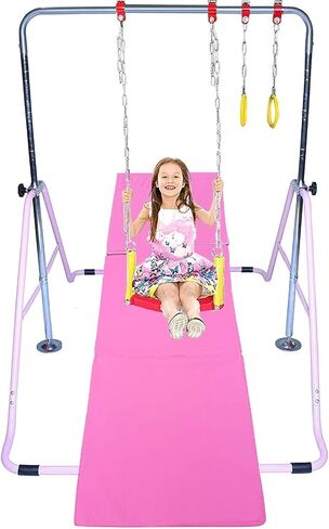Gymnastic Bars for Kids 4 in 1 Set with Swing Seat, 2 Trapeze Rings, & Tri Fold Mat | Adjustable Height Folding Gymnastics Training Kip Bar for Home | Junior Horizontal Bar Expandable Monkey Bar Pink in Saudi Arabia