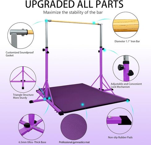 86 قضيب جمباز يورك للأطفال من عمر 3 إلى 20 عامًا، طول قاعدة 5 أقدام، ارتفاع قابل للتعديل من 42 بوصة إلى 63 بوصة، شريط أفقي، شريط كيب للاعبي الجمباز، معدات تدريب الجمباز للمنزل، مركز الصالة الرياضية (بار وحصيرة، أرجواني) in Kuwait