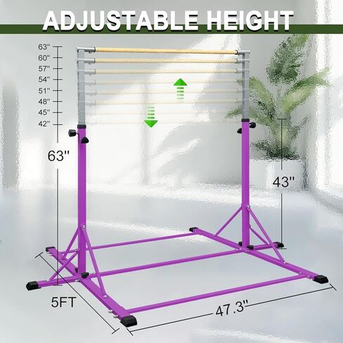 86 قضيب جمباز يورك للأطفال من عمر 3 إلى 20 عامًا، طول قاعدة 5 أقدام، ارتفاع قابل للتعديل من 42 بوصة إلى 63 بوصة، شريط أفقي، شريط كيب للاعبي الجمباز، معدات تدريب الجمباز للمنزل، مركز الصالة الرياضية (بار وحصيرة، أرجواني) in Kuwait