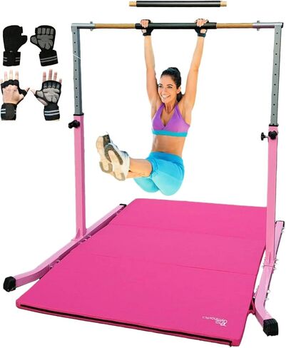 Gymnastic Kip Bar Horizontal Bar Expandable Height for Kids Junior Gymnastics 4'x6' Mat- Adjustable 3 to 5 FT - Gymnastic Bar with Cushioned Bar Pad for Fiberglass Rail with Curved Legs, Gloves (Pink) in Saudi Arabia