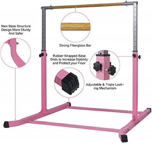 Gymnastic Kip Bar Horizontal Bar Expandable Height for Kids Junior Gymnastics 4'x6' Mat- Adjustable 3 to 5 FT - Gymnastic Bar with Cushioned Bar Pad for Fiberglass Rail with Curved Legs, Gloves (Pink) in Saudi Arabia