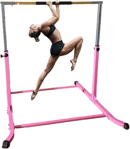 Gymnastic Kip Bar Horizontal Bar Expandable Height for Kids Junior Gymnastics 4'x6' Mat- Adjustable 3 to 5 FT - Gymnastic Bar with Cushioned Bar Pad for Fiberglass Rail with Curved Legs, Gloves (Pink) in Saudi Arabia
