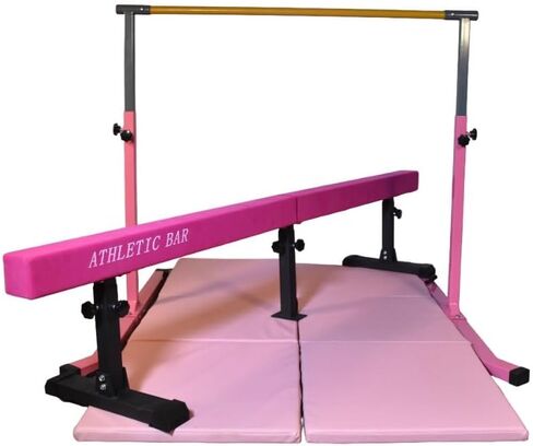 Iron Bar Gymnastics Bar Horizontal Bar 5 FT Height Adjustable Kip Bar Full Set + 6 FT x 4 FT Tumble Mat + 8 FT Adjustable Balance Beam for Kids Gymnasts, Boys Girls Home Gymnastic Training Set Pink in Saudi Arabia