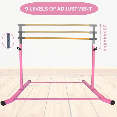 Iron Bar Gymnastics Bar Horizontal Bar 5 FT Height Adjustable Kip Bar Full Set + 6 FT x 4 FT Tumble Mat + 8 FT Adjustable Balance Beam for Kids Gymnasts, Boys Girls Home Gymnastic Training Set Pink in Saudi Arabia