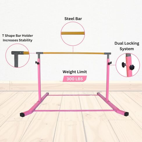 Iron Bar Gymnastics Bar Horizontal Bar 5 FT Height Adjustable Kip Bar Full Set + 6 FT x 4 FT Tumble Mat + 8 FT Adjustable Balance Beam for Kids Gymnasts, Boys Girls Home Gymnastic Training Set Pink in Saudi Arabia