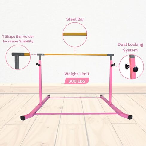 Iron Bar Gymnastics Bar Horizontal Bar 5 FT Height Adjustable Kip Bar Full Set + 6 FT x 4 FT Tumble Mat + 8 FT Adjustable Balance Beam for Kids Gymnasts, Boys Girls Home Gymnastic Training Set Pink in Saudi Arabia