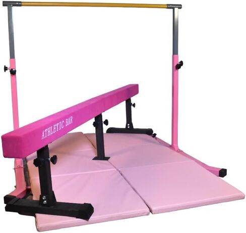 Iron Bar Gymnastics Bar Horizontal Bar 5 FT Height Adjustable Kip Bar Full Set + 6 FT x 4 FT Tumble Mat + 8 FT Adjustable Balance Beam for Kids Gymnasts, Boys Girls Home Gymnastic Training Set Pink in Saudi Arabia