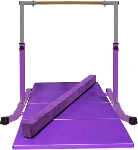 Expandable Gymnastics Kip Bar Set with Balance Beam, 6'x4' Mat for Kids, Horizontal Bar Junior Gymnastic Training Exercise Gymnast Home Gym Adjustable 3 to 5 FT Fiberglass Rail (Purple) in Saudi Arabia