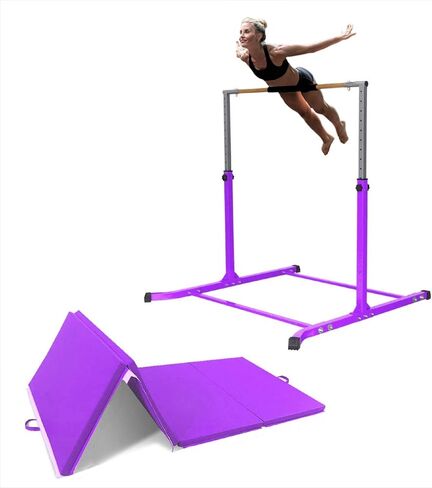 Expandable Gymnastics Kip Bar Set with Balance Beam, 6'x4' Mat for Kids, Horizontal Bar Junior Gymnastic Training Exercise Gymnast Home Gym Adjustable 3 to 5 FT Fiberglass Rail (Purple) in Saudi Arabia