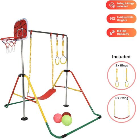 Iron Bar Gymnastics Kip Bar for Kids with Swing and Ring, Junior Adjustable Training Bar for Home, Folding Monkey Bar for Children with Adjustable Height Multicolor, Colorful in Saudi Arabia