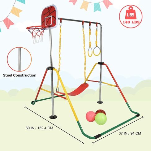 Iron Bar Gymnastics Kip Bar for Kids with Swing and Ring, Junior Adjustable Training Bar for Home, Folding Monkey Bar for Children with Adjustable Height Multicolor, Colorful in Saudi Arabia