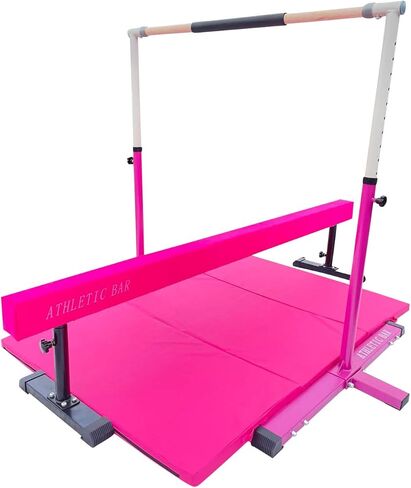 ProGymnastic 5 FT Horizontal Bar Adjustable Gymnastics Bar Kip Bar 3 in 1 Set with 6'x4' FT Tri-Fold Mat and 8 FT Adjustable Exercise Tube with Legs for Kids/Adults Gymnastic Junior Training Pink in Saudi Arabia