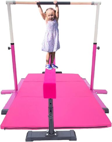 ProGymnastic 5 FT Horizontal Bar Adjustable Gymnastics Bar Kip Bar 3 in 1 Set with 6'x4' FT Tri-Fold Mat and 8 FT Adjustable Exercise Tube with Legs for Kids/Adults Gymnastic Junior Training Pink in Saudi Arabia