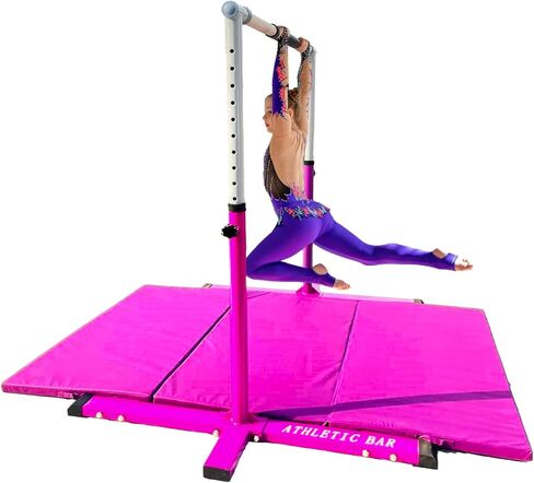 ProGymnastic 5 FT Horizontal Bar Adjustable Gymnastics Bar Kip Bar 3 in 1 Set with 6'x4' FT Tri-Fold Mat and 8 FT Adjustable Exercise Tube with Legs for Kids/Adults Gymnastic Junior Training Pink in Saudi Arabia