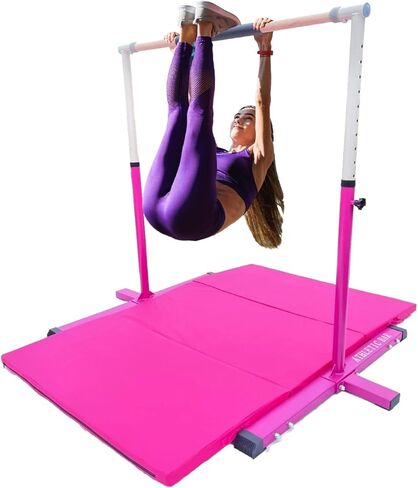 ProGymnastic 5 FT Horizontal Bar Adjustable Gymnastics Bar Kip Bar 3 in 1 Set with 6'x4' FT Tri-Fold Mat and 8 FT Adjustable Exercise Tube with Legs for Kids/Adults Gymnastic Junior Training Pink in Saudi Arabia
