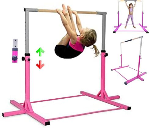 ProGymnastic 5 FT Horizontal Bar Adjustable Gymnastics Bar Kip Bar 3 in 1 Set with 6'x4' FT Tri-Fold Mat and 8 FT Adjustable Exercise Tube with Legs for Kids/Adults Gymnastic Junior Training Pink in Saudi Arabia