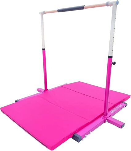 ProGymnastic 5 FT Horizontal Bar Adjustable Gymnastics Bar Kip Bar 3 in 1 Set with 6'x4' FT Tri-Fold Mat and 8 FT Adjustable Exercise Tube with Legs for Kids/Adults Gymnastic Junior Training Pink in Saudi Arabia