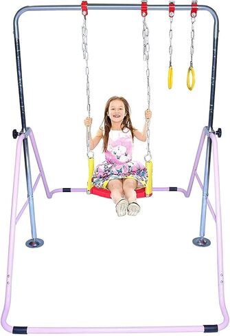 Kids Jungle Gym 3 in 1 Gymnastics Monkey Bar Deluxe Swing Set, Trapeze Rings, Adjustable Horizontal Climb Tower Junior Training Pink in Saudi Arabia