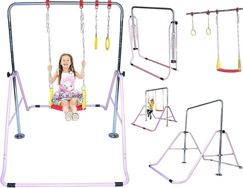Gymnastics Training Bar for Kids Home Expandable Folding Kip Bar 4 in 1 Set with Swing Seat, 2 Trapeze Rings | Horizontal Bar Junior Gymnastic Equipment Height Adjustable Monkey Bars Jungle Gym Pink in Saudi Arabia