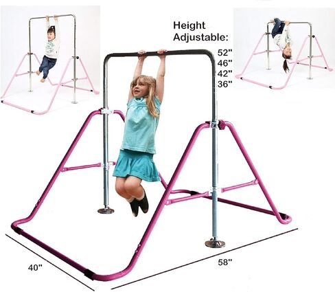 Gymnastics Training Bar for Kids Home Expandable Folding Kip Bar 4 in 1 Set with Swing Seat, 2 Trapeze Rings | Horizontal Bar Junior Gymnastic Equipment Height Adjustable Monkey Bars Jungle Gym Pink in Saudi Arabia