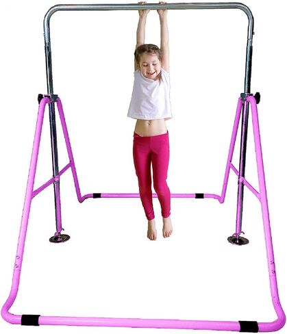 Gymnastics Training Bar for Kids Home Expandable Folding Kip Bar 4 in 1 Set with Swing Seat, 2 Trapeze Rings | Horizontal Bar Junior Gymnastic Equipment Height Adjustable Monkey Bars Jungle Gym Pink in Saudi Arabia