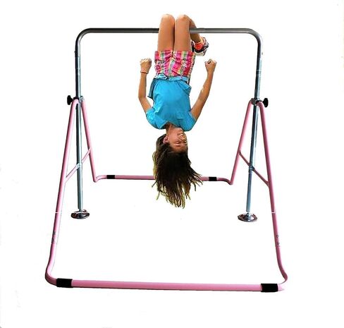 Gymnastics Training Bar for Kids Home Expandable Folding Kip Bar 4 in 1 Set with Swing Seat, 2 Trapeze Rings | Horizontal Bar Junior Gymnastic Equipment Height Adjustable Monkey Bars Jungle Gym Pink in Saudi Arabia