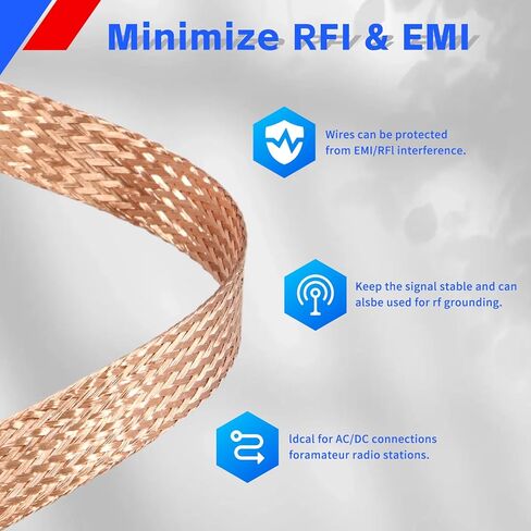 Flat Copper Braid Cable, 15ft Braided Mesh Copper Ground Strap Wire, Expandable Metal Shielding Wire for Screening Signal Grounding and Reducing Noise (1, 1/2") in Kuwait