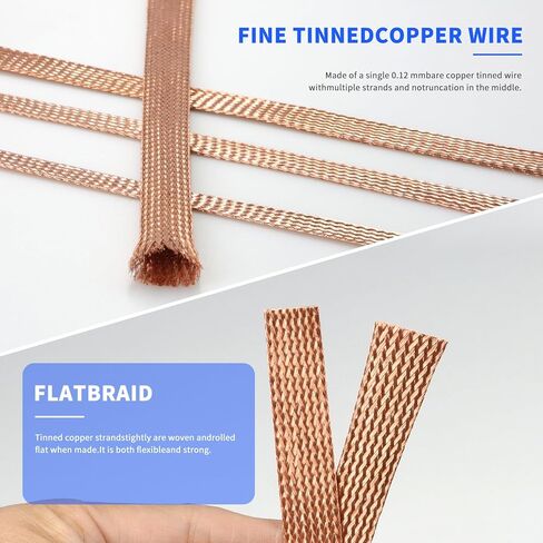 Flat Copper Braid Cable, 15ft Braided Mesh Copper Ground Strap Wire, Expandable Metal Shielding Wire for Screening Signal Grounding and Reducing Noise (1, 1/2") in Kuwait