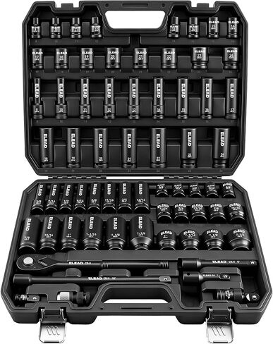 ELEAD 1/2" Drive Deep Impact Socket Set: 30-Piece Standard SAE (3/8 to 1 Inch) and Metric (10-24mm) Size, 3" and 5" Drive Extension Bar, Ratchet Handle, Bit Adapter, CR-V Steel for Auto Repair in Kuwait