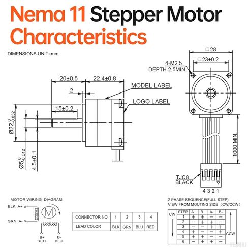 Nema 11 Stepper Motor 2 Phase 1.8‌°‌ 3Ncm(4.25oz·in) High Torque Bipolar 23mm 0.4A 19Ω 4-Wire Shaft 20mm φ5mm 28 Mini Stepper Motor Cable 1M for 3D Printer DIY Robot CNC Machine in Kuwait