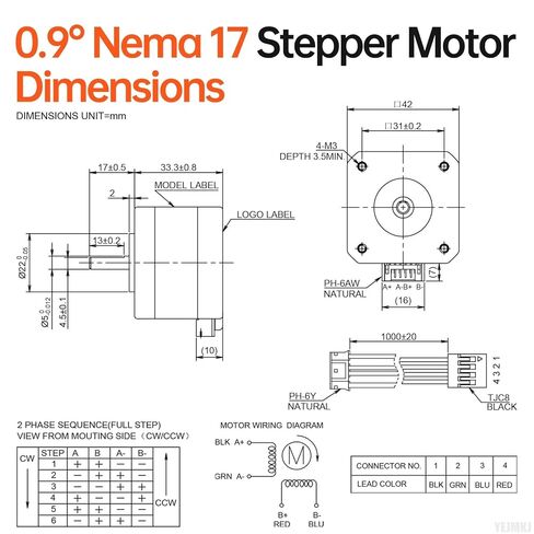 0.9° Nema 17 Stepper Motor 2 Phase High Torque 0.16Nm(22.66oz·in) Bipolar 1.2A 1.7Ω 42x34mm 4-Lead Shaft 17mm φ5mm 42 Stepper Motor with Cable 1M for 3D Printer DIY Robot CNC Machine in Kuwait