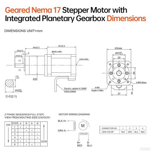 50.9:1 Geared Nema 17 Stepper Motor with Integrated Planetary Gearbox 2 Phase 1.8‌°‌ 0.55Nm(77.89oz·in) High Torque Bipolar 2Ω 1.7A 91mm 4-Lead Shaft 20mm φ8mm Cable 1M 3D Printer DIY CNC in Kuwait