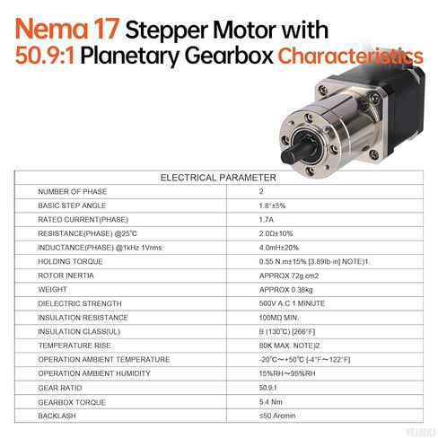 50.9:1 Geared Nema 17 Stepper Motor with Integrated Planetary Gearbox 2 Phase 1.8‌°‌ 0.55Nm(77.89oz·in) High Torque Bipolar 2Ω 1.7A 91mm 4-Lead Shaft 20mm φ8mm Cable 1M 3D Printer DIY CNC in Kuwait