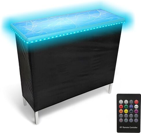 Folding Portable Bar w/LED Lights, Wireless Remote, 2 Bar Skirts, Storage Shelf, & Carrying Case - Iced in Kuwait