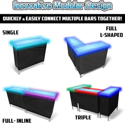 Folding Portable Bar w/LED Lights, Wireless Remote, 2 Bar Skirts, Storage Shelf, & Carrying Case - Iced in Kuwait