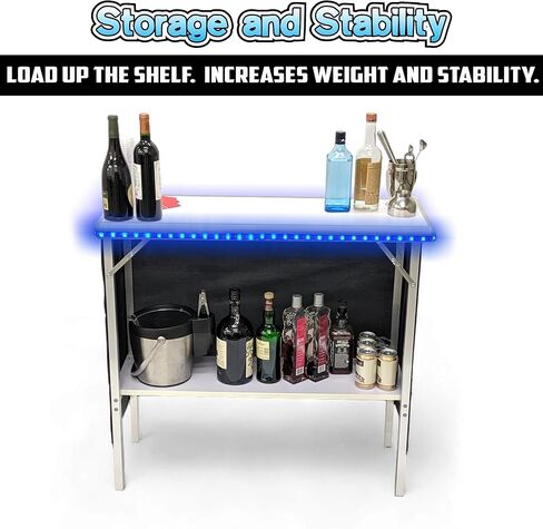 Folding Portable Bar w/LED Lights, Wireless Remote, 2 Bar Skirts, Storage Shelf, & Carrying Case - Iced in Kuwait