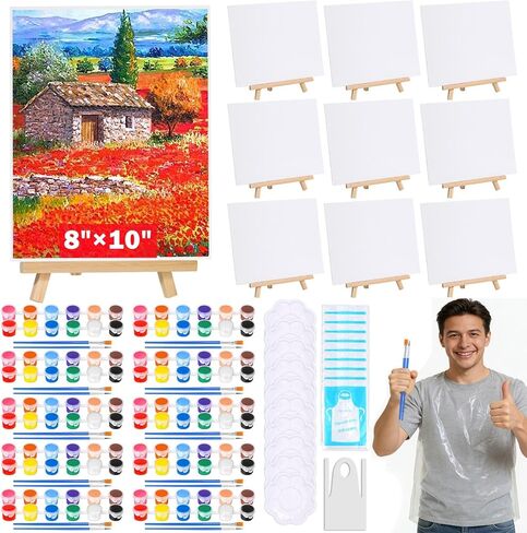 10Pack 8x10 Inch Canvas and Easel Set, Art Canvas Boards Bulk with Easel Stand, Mini Acrylic Paint & Brushes Set, Paint Trays, Sip and Paint Kit for Adults Kids Couples Day Night Paint Party in Kuwait