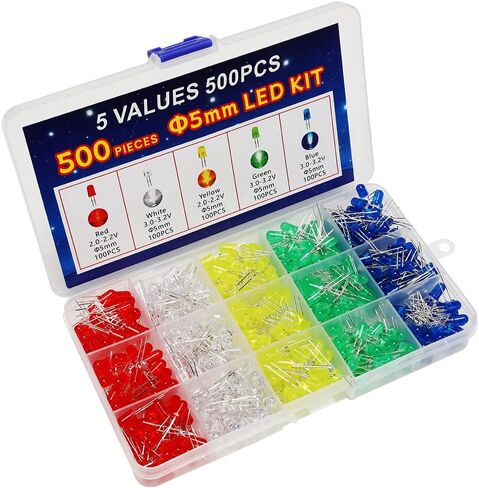 500 Pcs 5mm LED Diode Lights Assored Kit, Variety Color Electronics Components, Light Emitting Diodes for DIY Project, White/Red/Yellow/Green/Blue in Kuwait