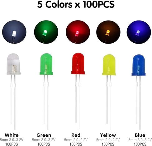 500 Pcs 5mm LED Diode Lights Assored Kit, Variety Color Electronics Components, Light Emitting Diodes for DIY Project, White/Red/Yellow/Green/Blue in Kuwait