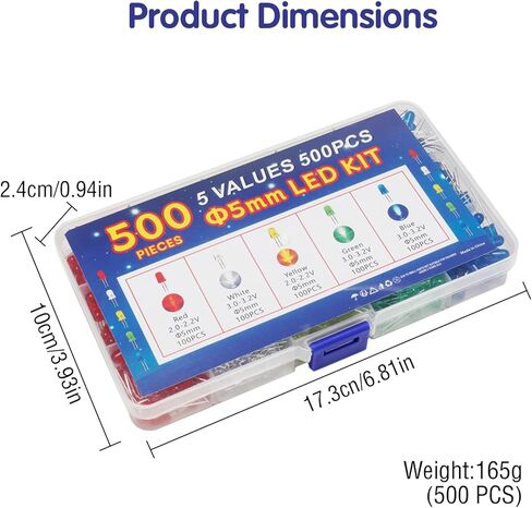 500 Pcs 5mm LED Diode Lights Assored Kit, Variety Color Electronics Components, Light Emitting Diodes for DIY Project, White/Red/Yellow/Green/Blue in Kuwait
