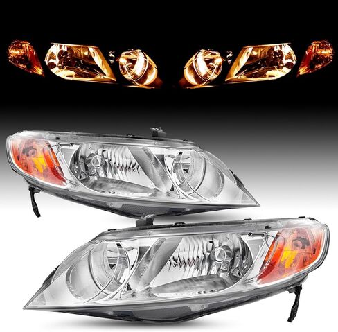 JSBOYAT Headlight Assembly Pair Replacement for 2006-2011 Honda Civic Sedan 4-Door Halogen Headlamp Chrome Housing Amber Reflector (Passenger & Driver Side) in Kuwait