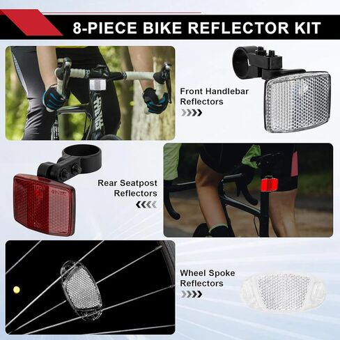 PSLER 8-Piece Bike Reflector Kit for Night Riding, Front and Rear Bicycle Safety Lights, Reflectors for Handlebar & Seatpost & Wheel Spoke, Cycling Warning Reflectors for Bike Road Safety in Saudi Arabia