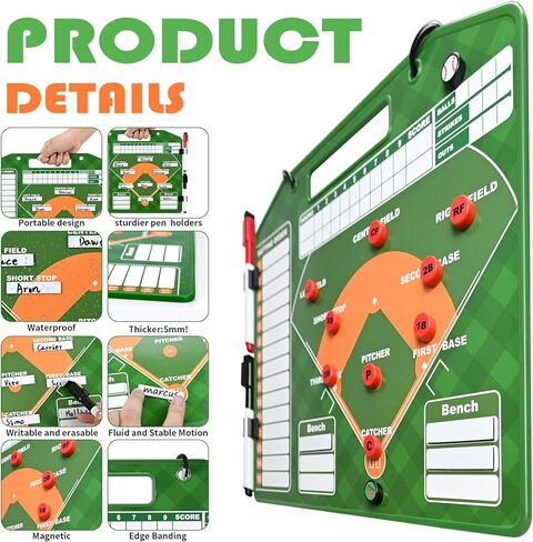 لوحة تشكيلة البيسبول المغناطيسية للمخبأ مع حواف معززة - حافظة للتدريب على المسح الجاف على الوجهين، 30 بطاقة تشكيلة / 24 بيدق / 2 قلم تحديد / 2 خطاف in Kuwait