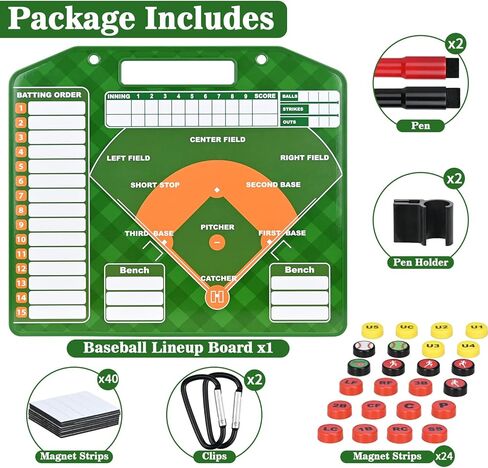 لوحة تشكيلة البيسبول المغناطيسية للمخبأ مع حواف معززة - حافظة للتدريب على المسح الجاف على الوجهين، 30 بطاقة تشكيلة / 24 بيدق / 2 قلم تحديد / 2 خطاف in Kuwait