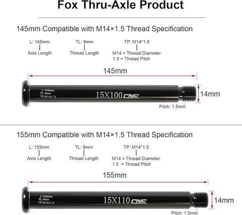 CNC Front Hub Thru Axle 15x100mm/110mm for Fox SC32 34 36 38 40 Fork,Mountain/Road Bike Front Wheel Fork Axle Quick Release Adapter M14(P1.5) 145mm/155mm Tube Shaft, Aluminium Alloy in Saudi Arabia
