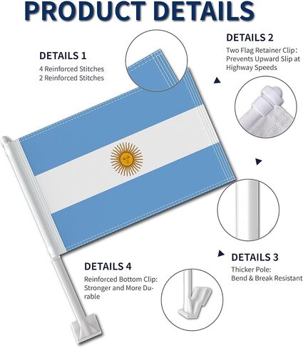 Heavy Duty 2 Pack Argentina Car Flags 11" x 17", Double Sided Small Argentina Flag for Car Window, Tear-Resistant 2-Layer Warp-Knitted Polyester with Thickened Pole & Secure Window Clip for Car Truck SUV in Saudi Arabia
