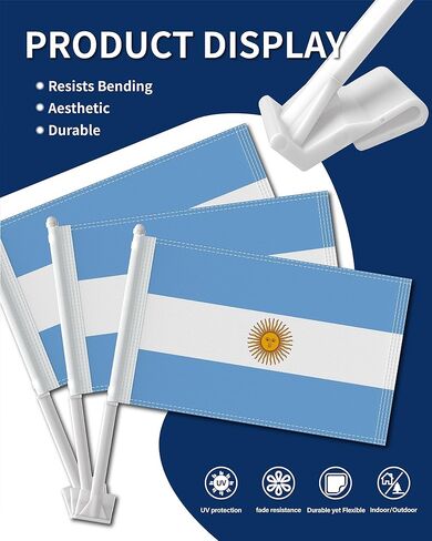 Heavy Duty 2 Pack Argentina Car Flags 11" x 17", Double Sided Small Argentina Flag for Car Window, Tear-Resistant 2-Layer Warp-Knitted Polyester with Thickened Pole & Secure Window Clip for Car Truck SUV in Saudi Arabia