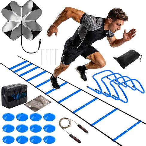 NEWBULIG Agility Ladder Speed Training Equipment, Football Practice Set with 20ft Ladder, 12 Cones, 4 Adjustable Hurdles, Jump Rope, Resistance Parachute for Soccer, Basketball, Youth, Adults in Kuwait