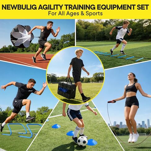NEWBULIG Agility Ladder Speed Training Equipment, Football Practice Set with 20ft Ladder, 12 Cones, 4 Adjustable Hurdles, Jump Rope, Resistance Parachute for Soccer, Basketball, Youth, Adults in Kuwait