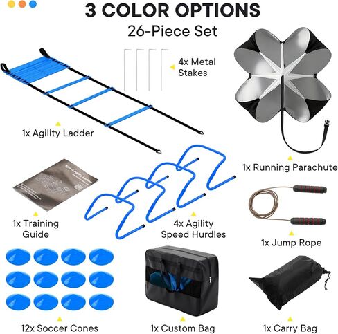 NEWBULIG Agility Ladder Speed Training Equipment, Football Practice Set with 20ft Ladder, 12 Cones, 4 Adjustable Hurdles, Jump Rope, Resistance Parachute for Soccer, Basketball, Youth, Adults in Kuwait